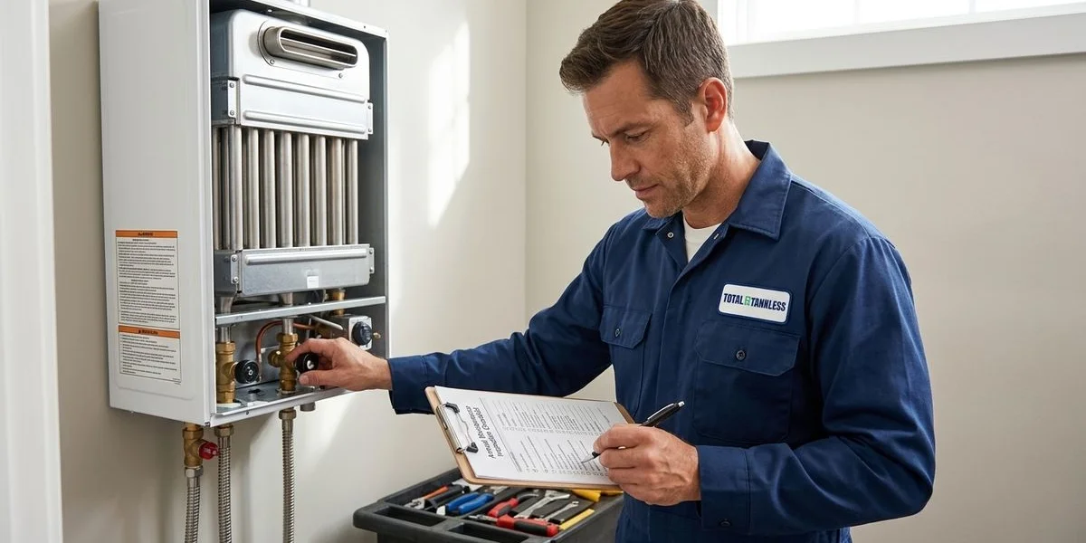 Annual tankless water heater maintenance checklist with tools and inspection items
