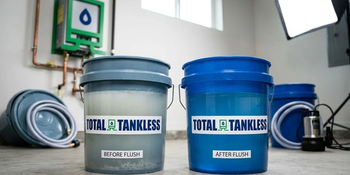 Comparison of cloudy mineral-laden flush solution versus clear solution after successful descaling