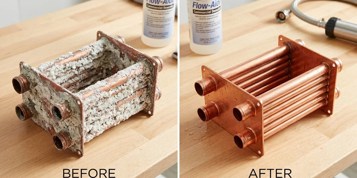 Clean heat exchanger after professional descaling compared to scale-clogged exchanger