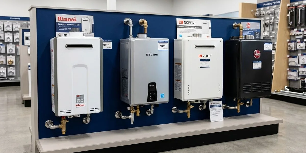 Chart showing tankless water heater brand pricing for Rinnai Navien Noritz and Rheem models