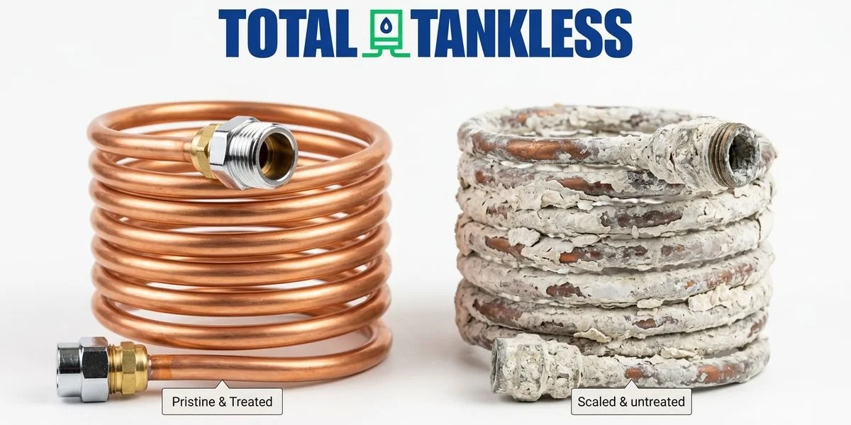 Comparison of clean heat exchanger versus scaled heat exchanger showing mineral deposit buildup over time