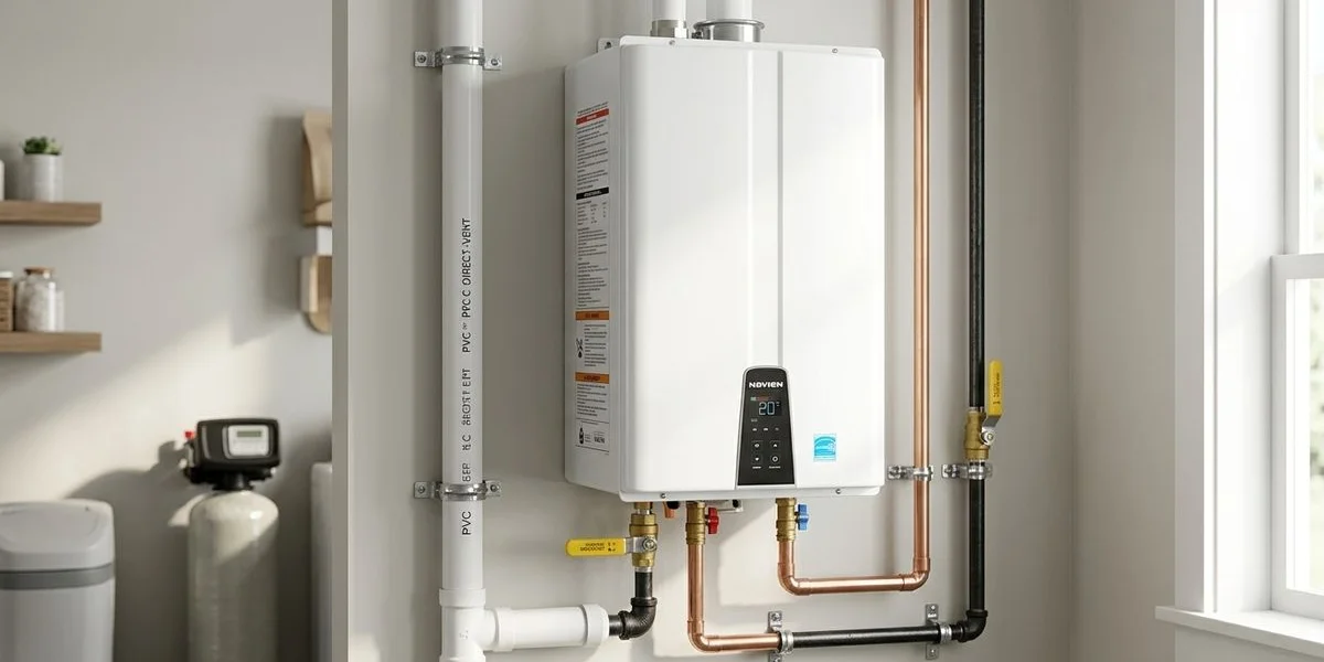 Completed tankless water heater installation with clean venting gas and water connections