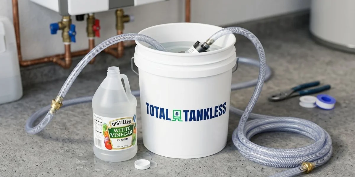 DIY tankless flushing kit with submersible pump bucket hoses and white vinegar descaling solution setup