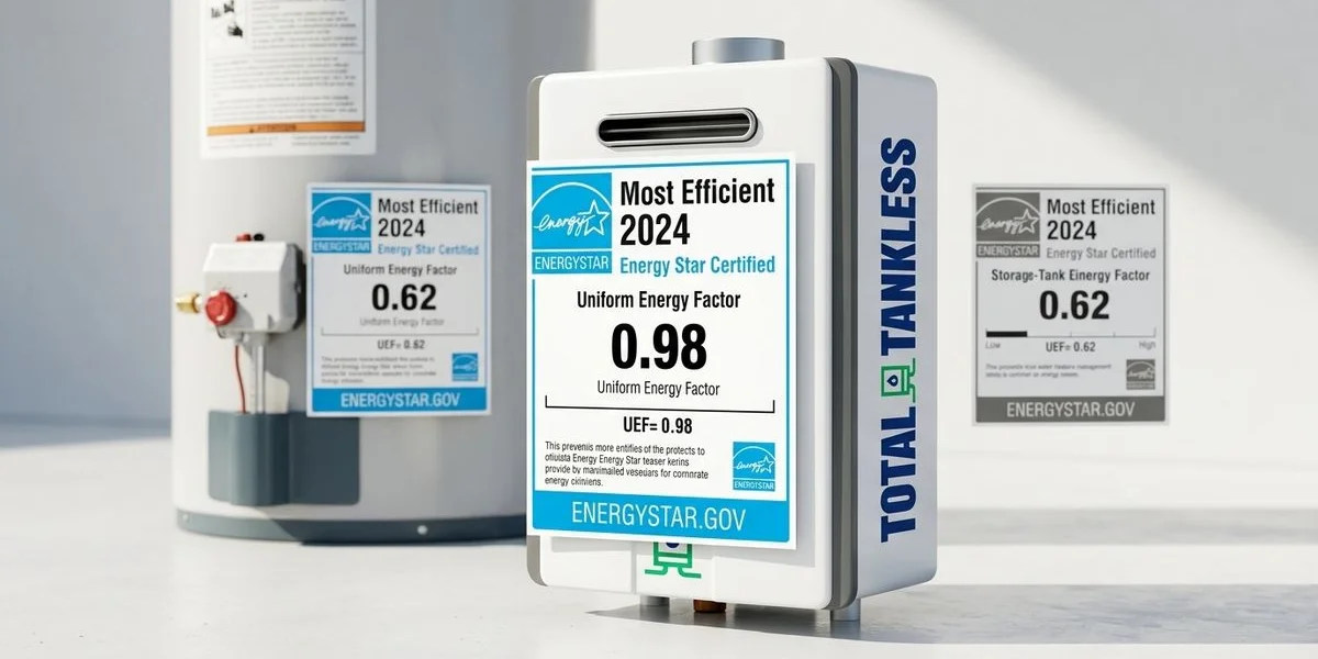 Energy efficiency comparison chart showing tankless versus tank water heater annual operating costs