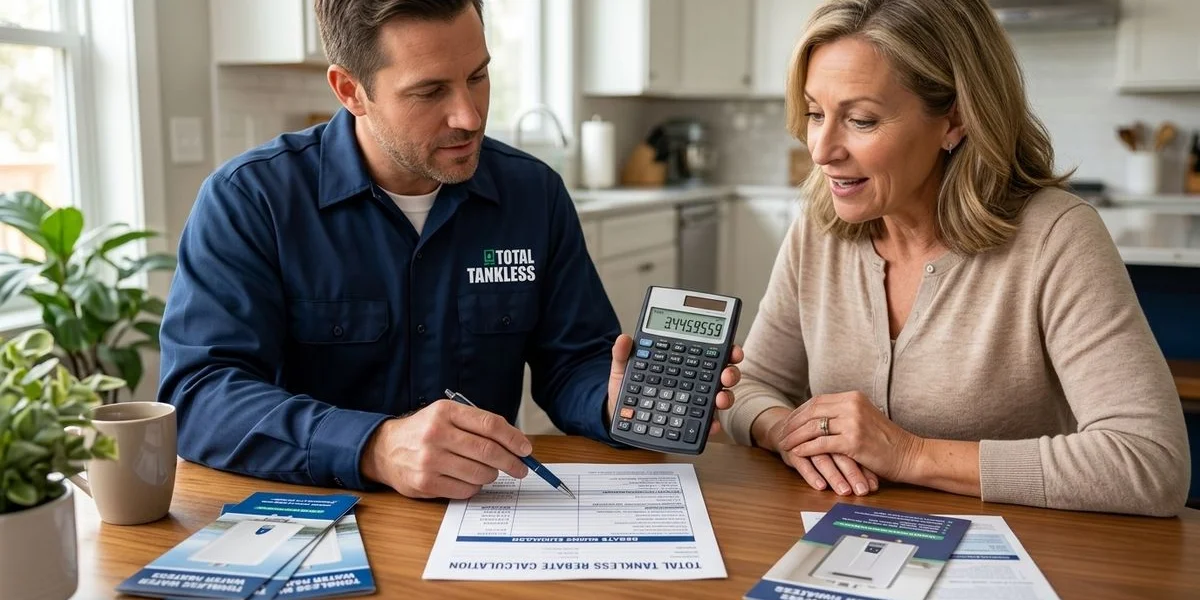 Example savings calculation showing combined federal state and utility rebates reducing tankless installation cost