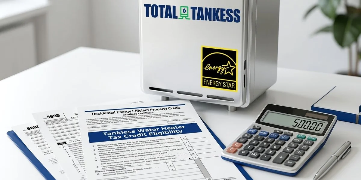 Federal energy tax credit breakdown showing 30 percent credit up to 2000 dollars for qualifying tankless units