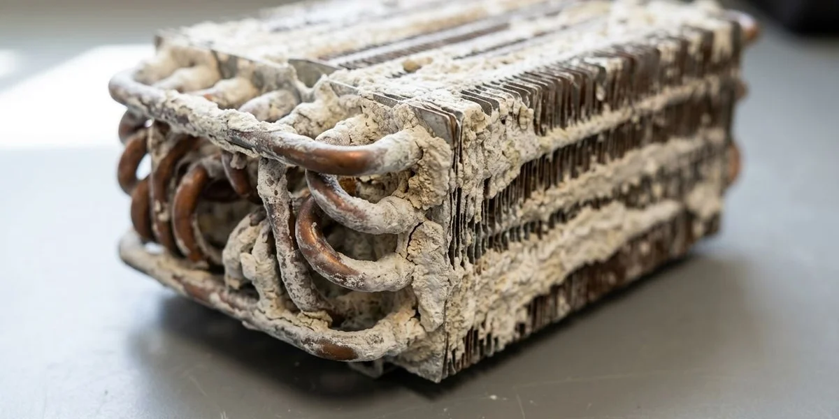 Hard water mineral scale damage inside a tankless water heater heat exchanger