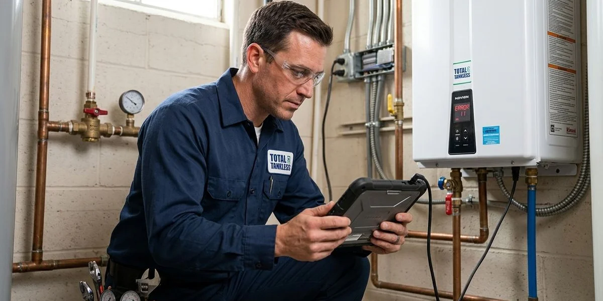 Licensed plumber diagnosing tankless water heater error code with professional testing equipment
