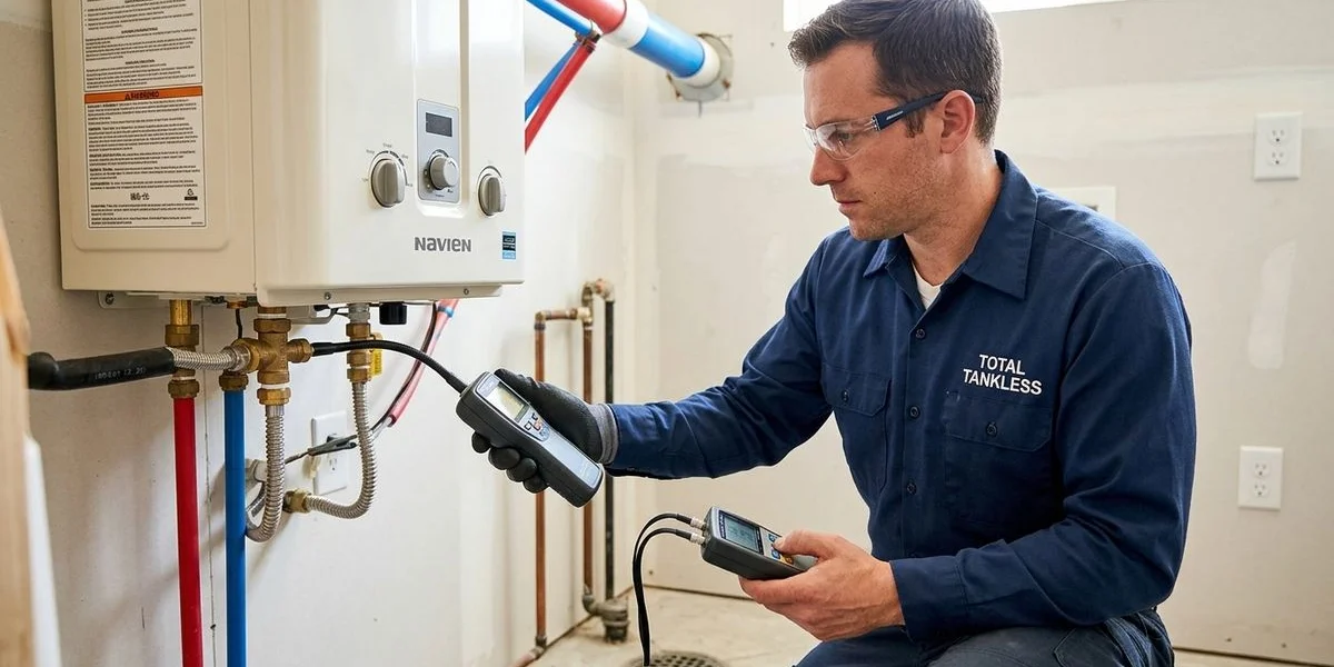 Plumber inspecting gas connections and venting on a wall-mounted tankless water heater