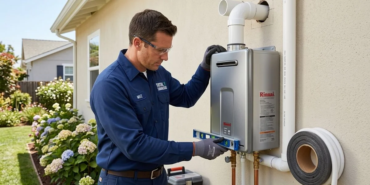 Professional plumber mounting a tankless water heater unit on an exterior garage wall with copper supply lines