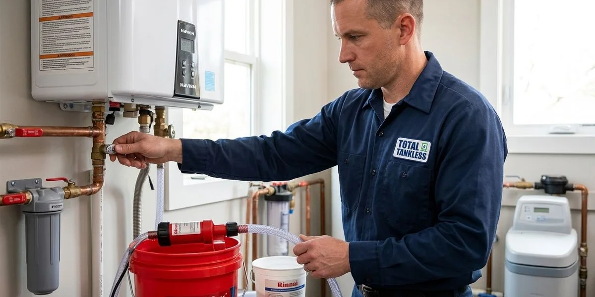 Licensed plumber performing professional tankless water heater flush with commercial descaling equipment