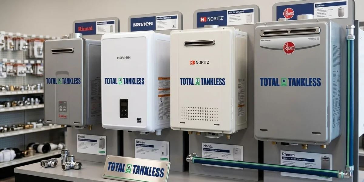 Row of tankless water heater units from different brands displayed on a showroom wall
