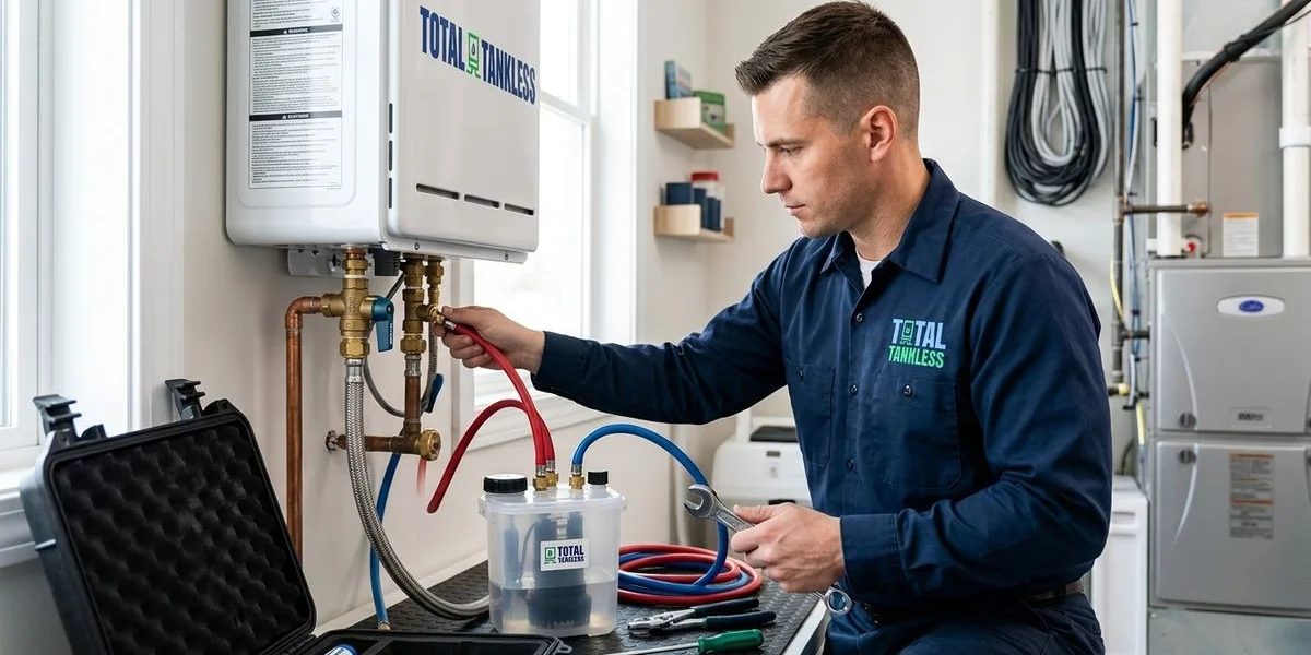 Technician connecting a submersible pump to isolation valves for tankless water heater flushing procedure