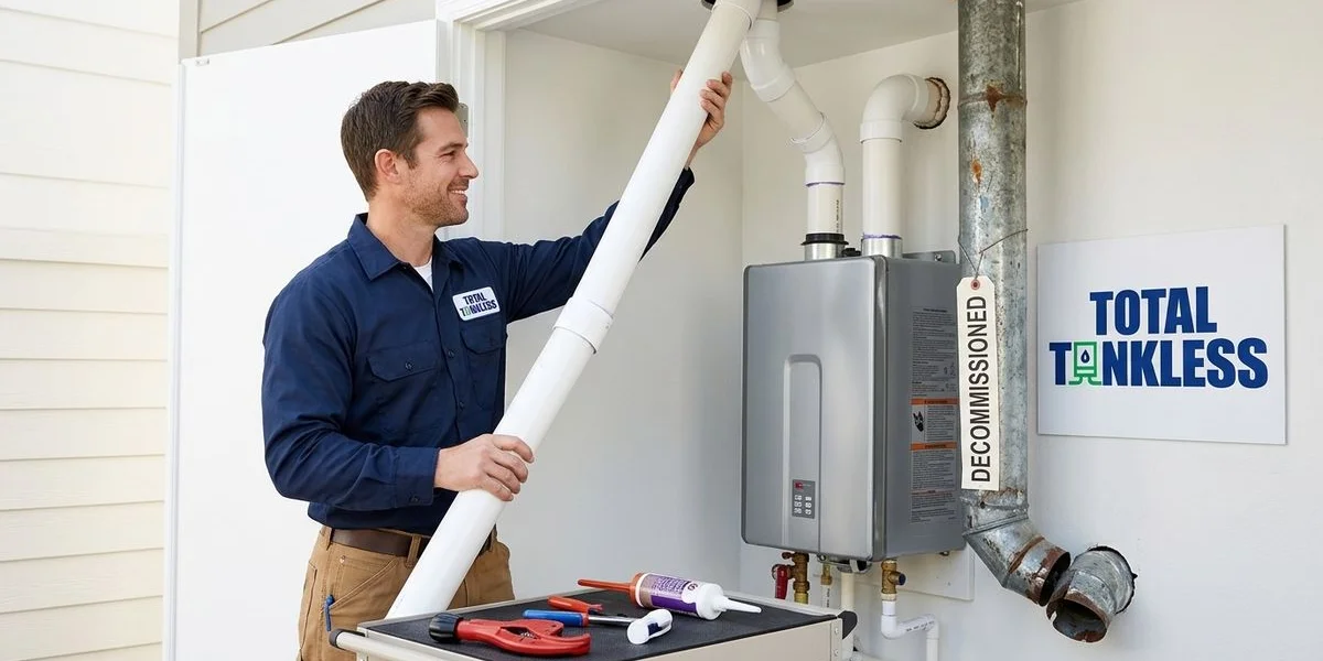 Old B vent chimney pipe being replaced with modern PVC direct vent for tankless unit