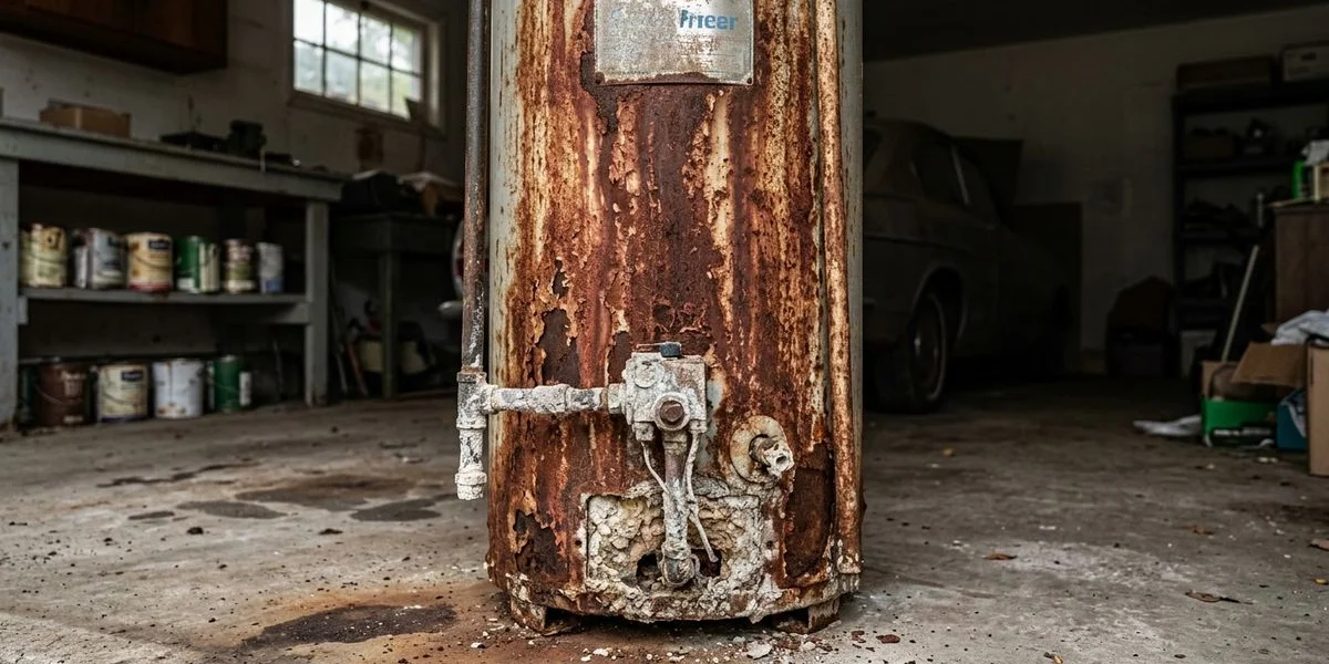 Old corroded tank water heater with visible rust and mineral buildup at the base