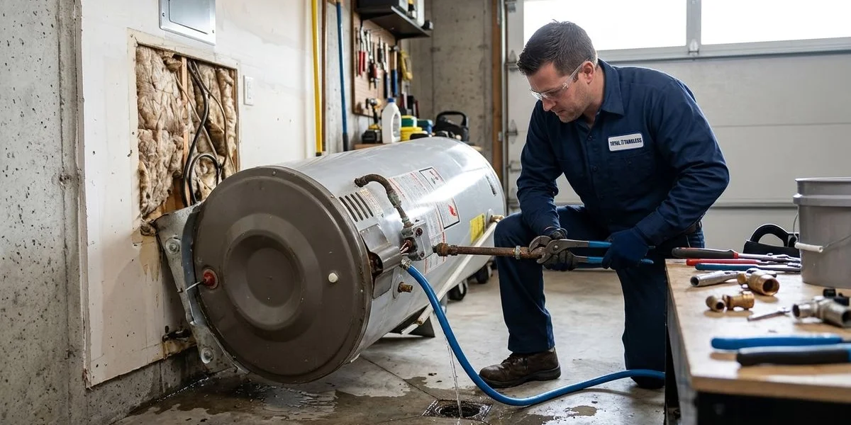 Plumber removing old tank water heater and preparing wall mounting location for tankless unit