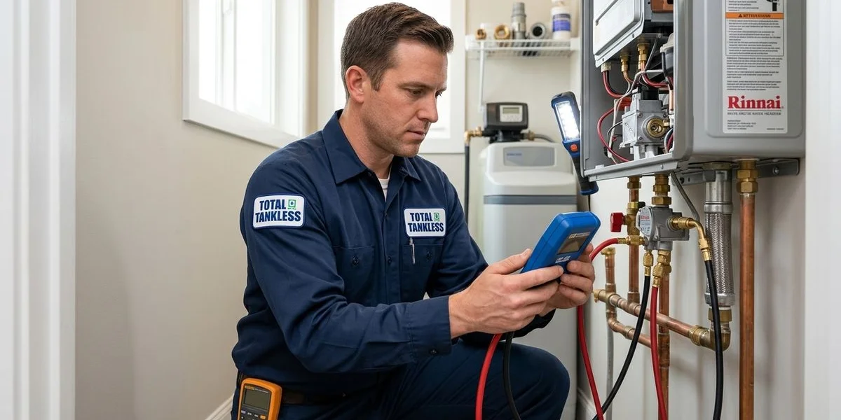 Plumber testing gas pressure and water flow rate at tankless water heater for diagnosis