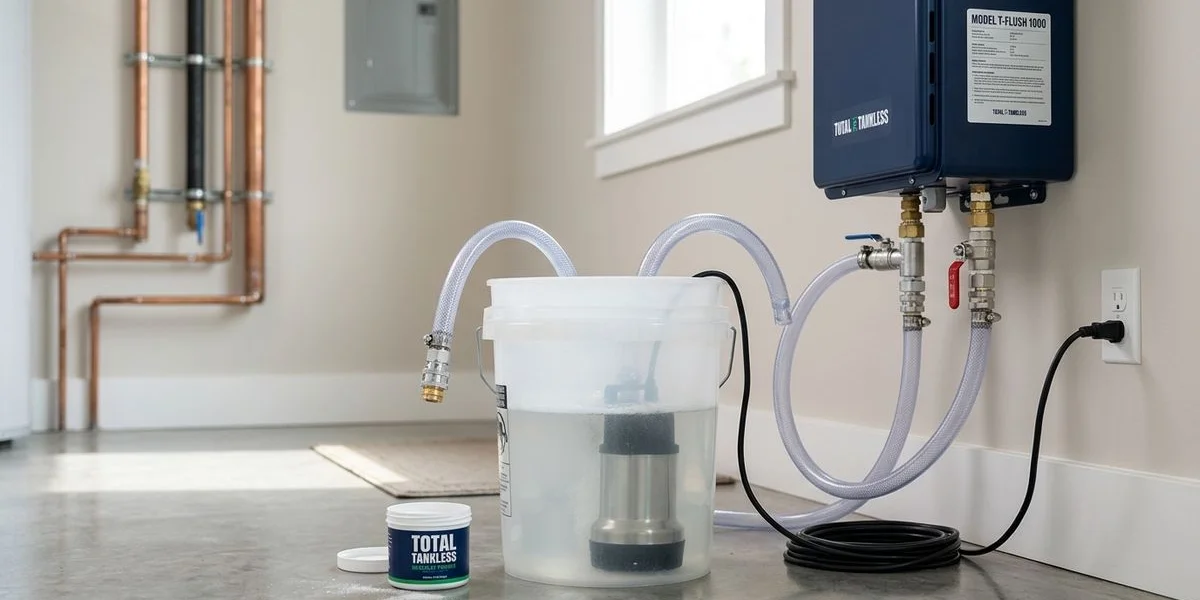 Flushing setup with submersible pump, bucket of vinegar solution, and hoses connected to tankless water heater isolation valves