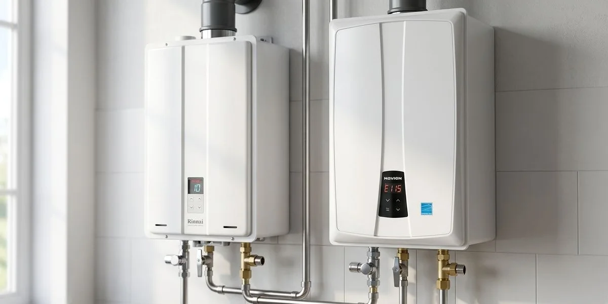 Rinnai and Navien tankless water heater front panels showing common error code displays