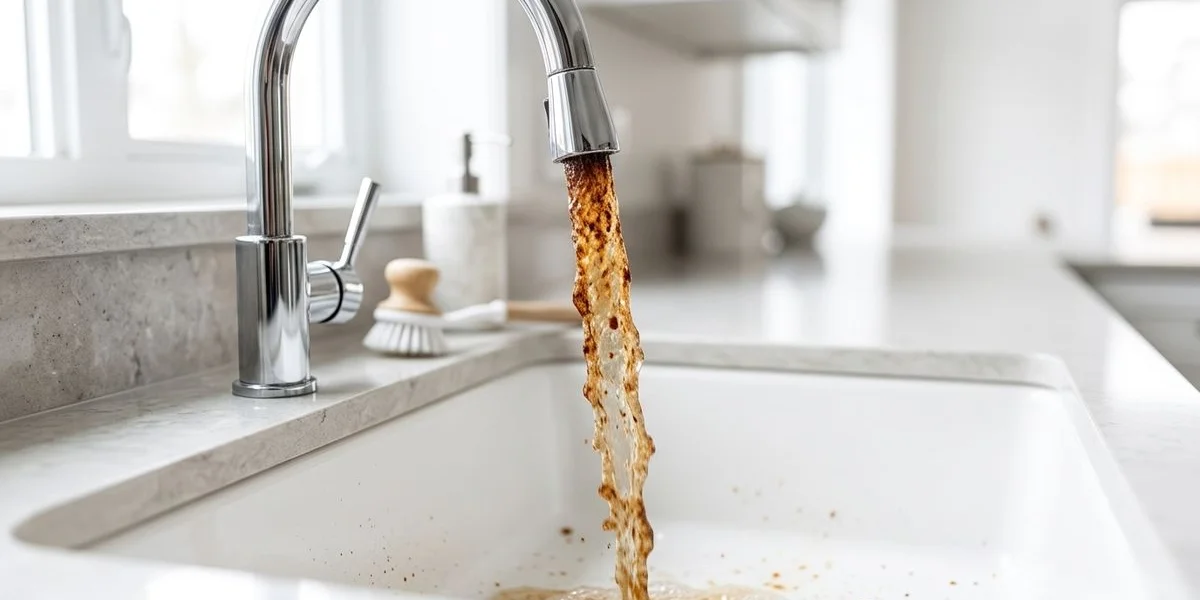 Rusty discolored water flowing from a hot water faucet indicating tank corrosion inside