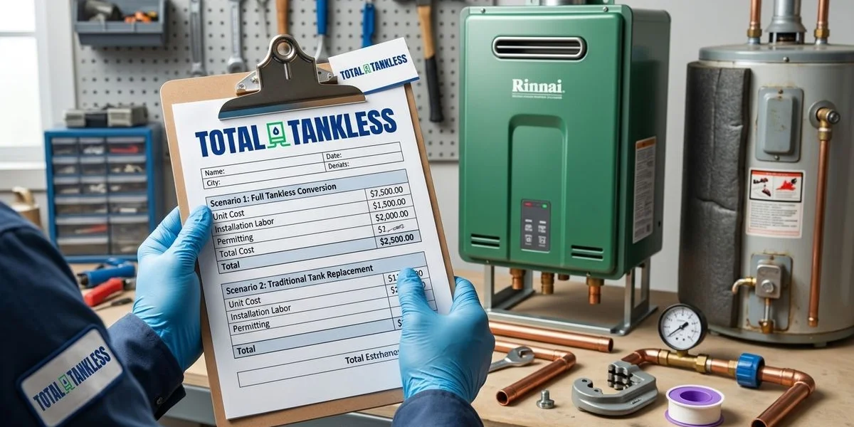 Side by side cost comparison of first time tankless conversion versus tank replacement pricing