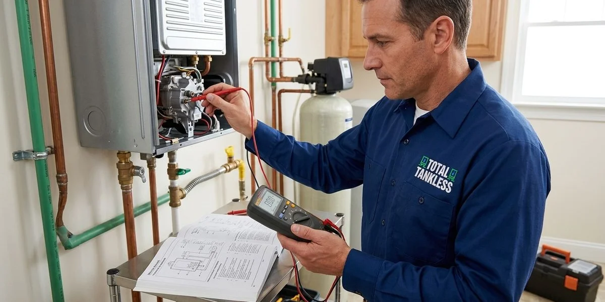 Technician using a multimeter to test components inside an open tankless water heater panel