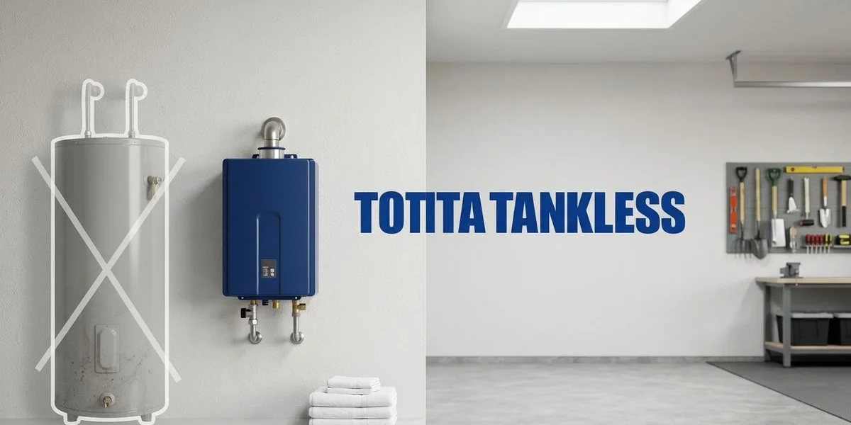 Space comparison showing compact wall mounted tankless unit versus large floor standing tank heater