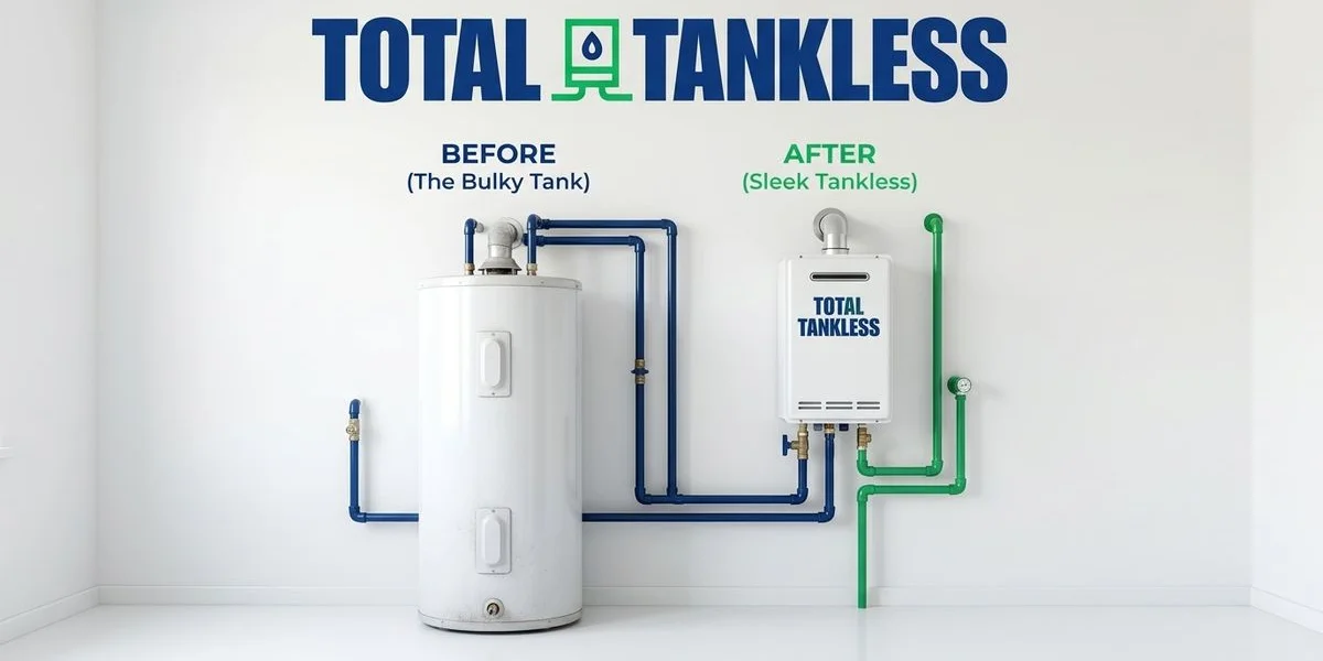 Side-by-side comparison of a large traditional tank water heater next to a compact wall-mounted tankless unit
