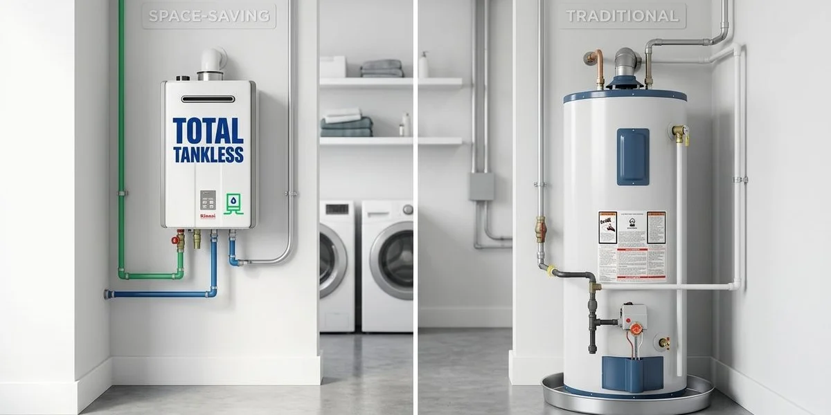 Side by side comparison of tankless and traditional tank water heaters