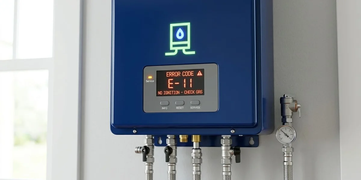 Close-up of a tankless water heater control panel showing an error code with status lights