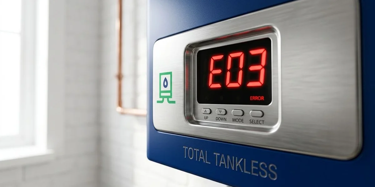 Tankless water heater error code display with troubleshooting guide