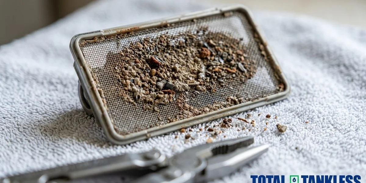 Tankless water heater inlet filter screen clogged with sediment debris restricting water flow