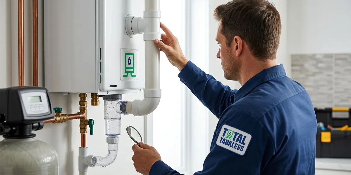 Tankless water heater venting inspection showing proper exhaust pipe connections and condensate drain line