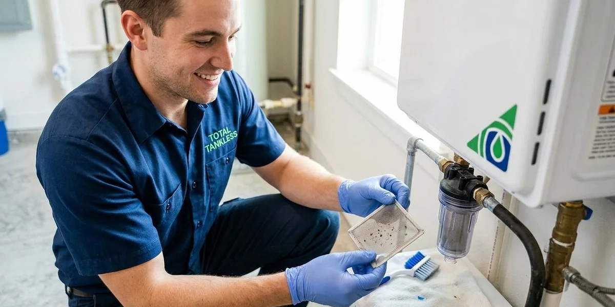 Technician cleaning tankless water heater inlet filter screen removing sediment and debris during annual service