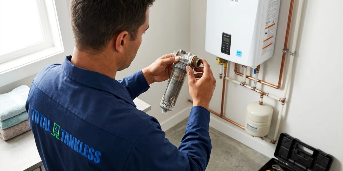 Technician removing and cleaning the inlet water filter from a tankless water heater unit