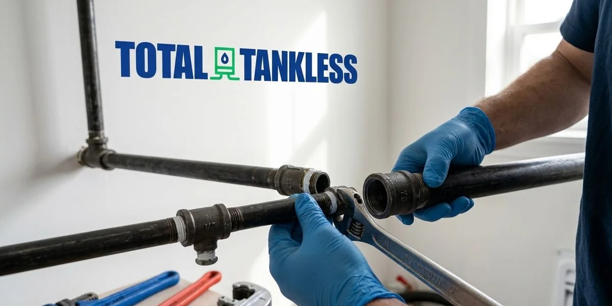 Undersized half inch gas line being upgraded to three quarter inch for tankless water heater