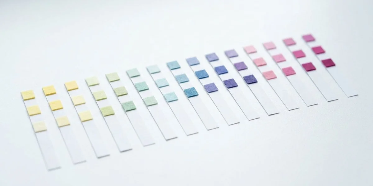 Water hardness test strip being dipped into glass of water with color chart comparison