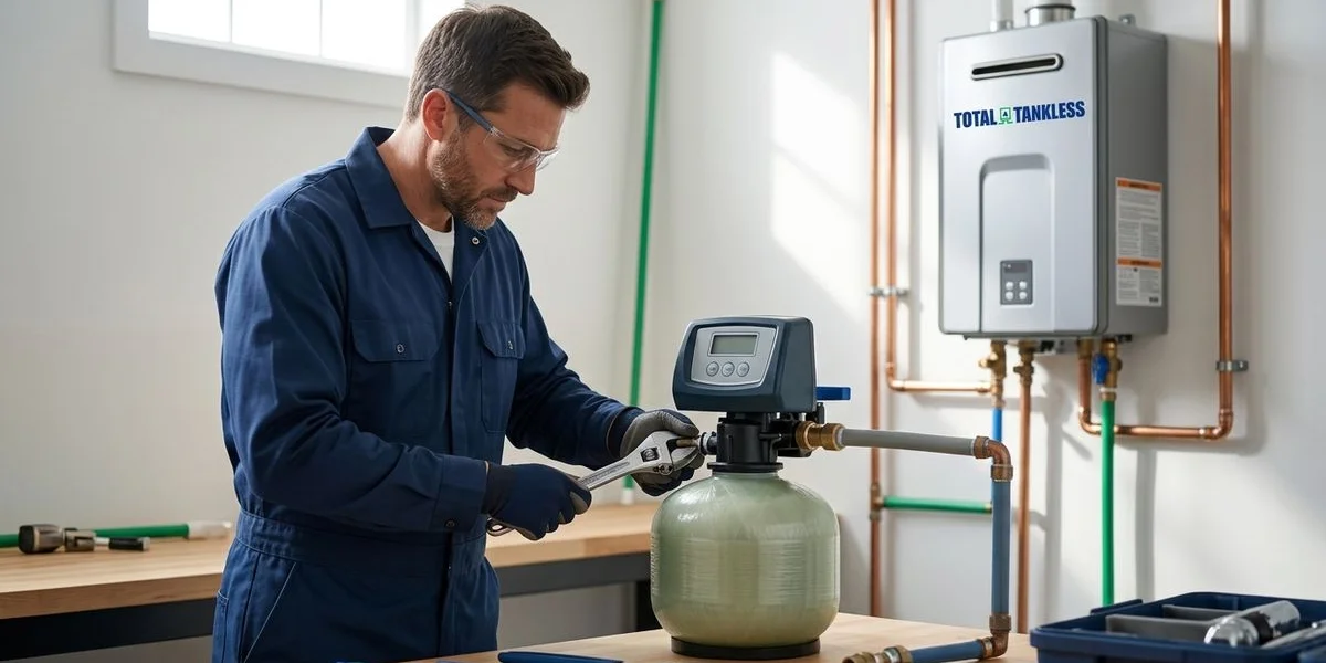 Water softener installation diagram showing proper placement upstream of tankless water heater unit