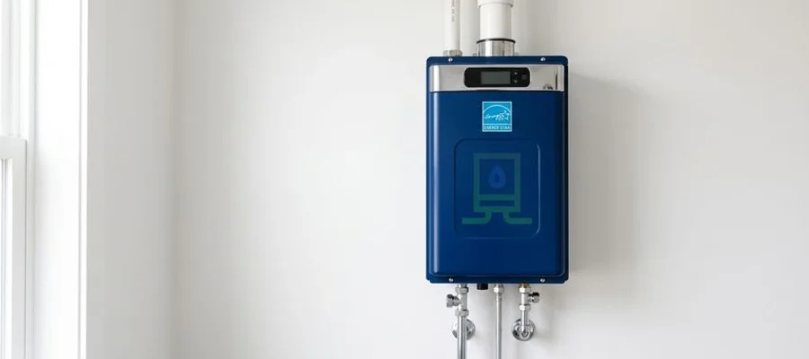 Energy Star certified tankless water heater with efficiency label