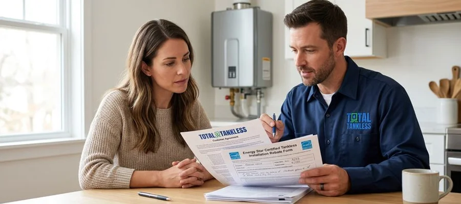 Homeowner reviewing tankless water heater rebate documents