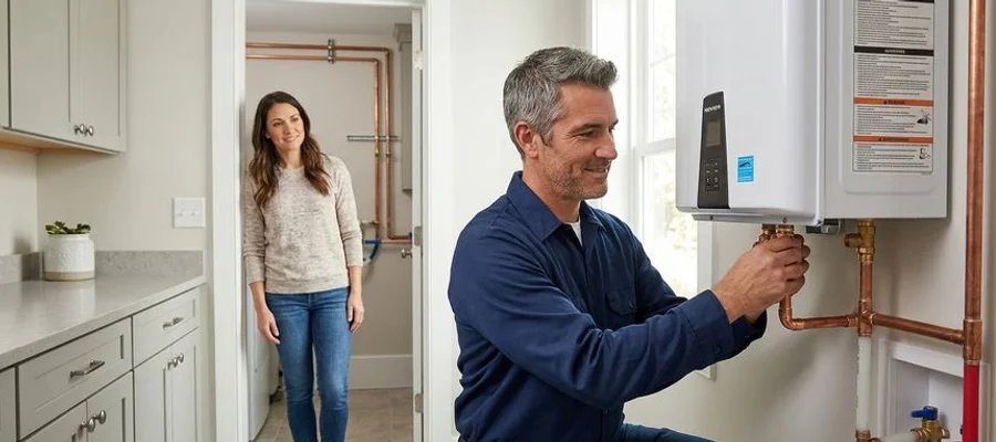 Total Tankless partner plumber installing a tankless water heater with homeowner watching