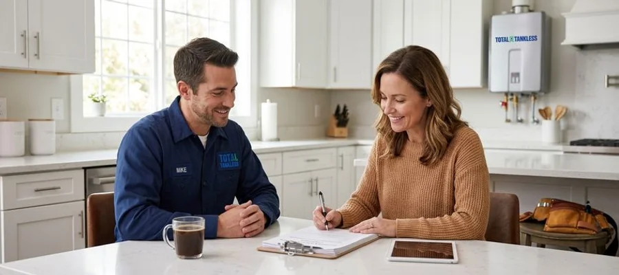 Plumber completing installation paperwork with homeowner