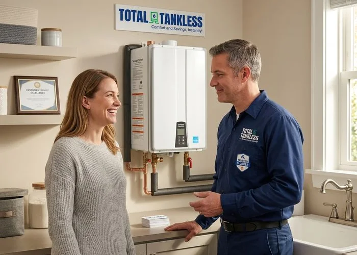 Professional plumber completing a tankless water heater installation for a happy homeowner
